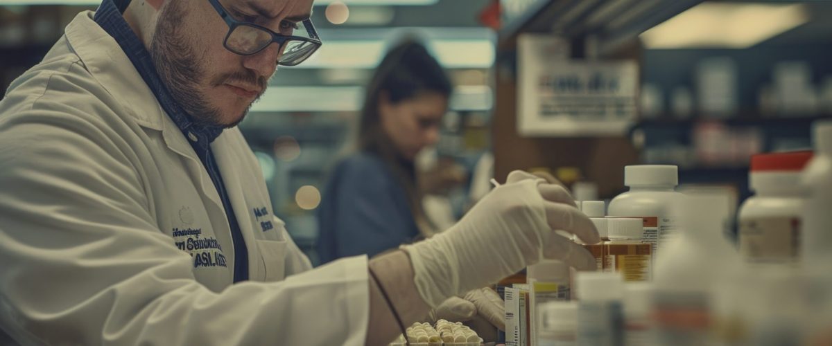 Close-up shot of a male pharmacist from the US preparing a prescription in a busy urban pharmacy with a contemporary design. The focus is on the preparation process in a high-traffic area. Realistic and cinematic. Award-winning photography. Advertising photography. Commercial photography. --chaos 13 --ar 3:2 --style raw --stylize 300 Job ID: 165214d5-c433-4c4b-a915-cc1a6218745c