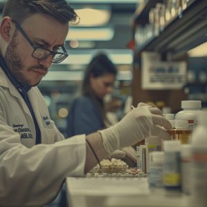 Close-up shot of a male pharmacist from the US preparing a prescription in a busy urban pharmacy with a contemporary design. The focus is on the preparation process in a high-traffic area. Realistic and cinematic. Award-winning photography. Advertising photography. Commercial photography. --chaos 13 --ar 3:2 --style raw --stylize 300 Job ID: 165214d5-c433-4c4b-a915-cc1a6218745c
